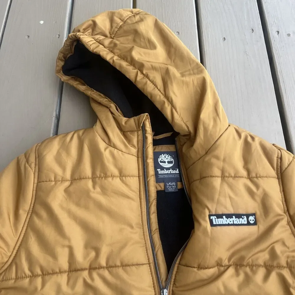 TIMBERLAND Boys Puffer Jacket Tan Hooded Winter Full Zipper Size Large (14-16)
